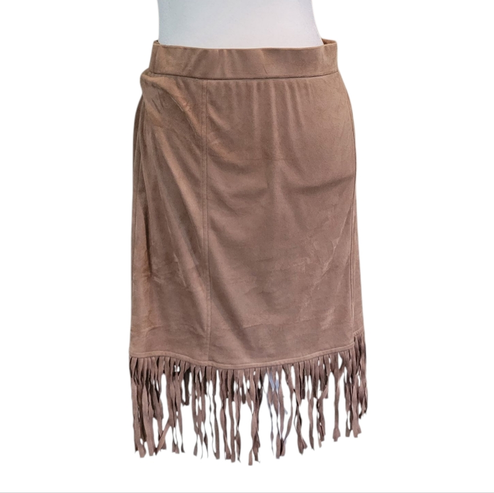 Artisan NY Faux Suede Midi Skirt With Fringe Tan Camel Size 10 Boho